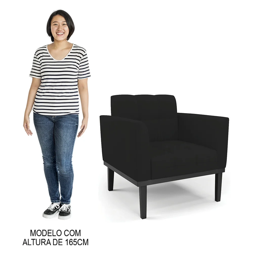 Poltrona Base Madeira Preto Kit 2 Ana Linho Preto - Ibiza