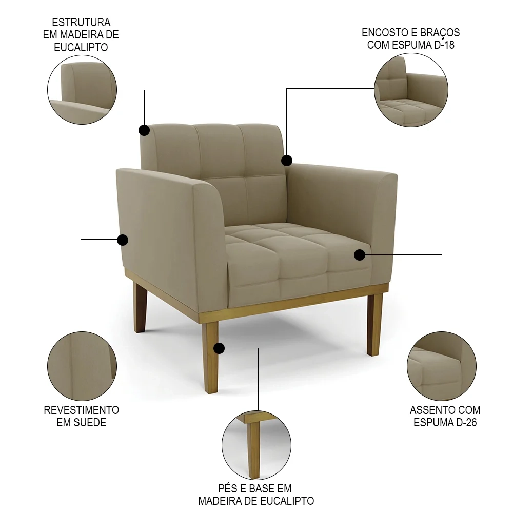 Poltrona Decorativa Base Madeira Castanho Ana Suede Marrom RT - Ibiza