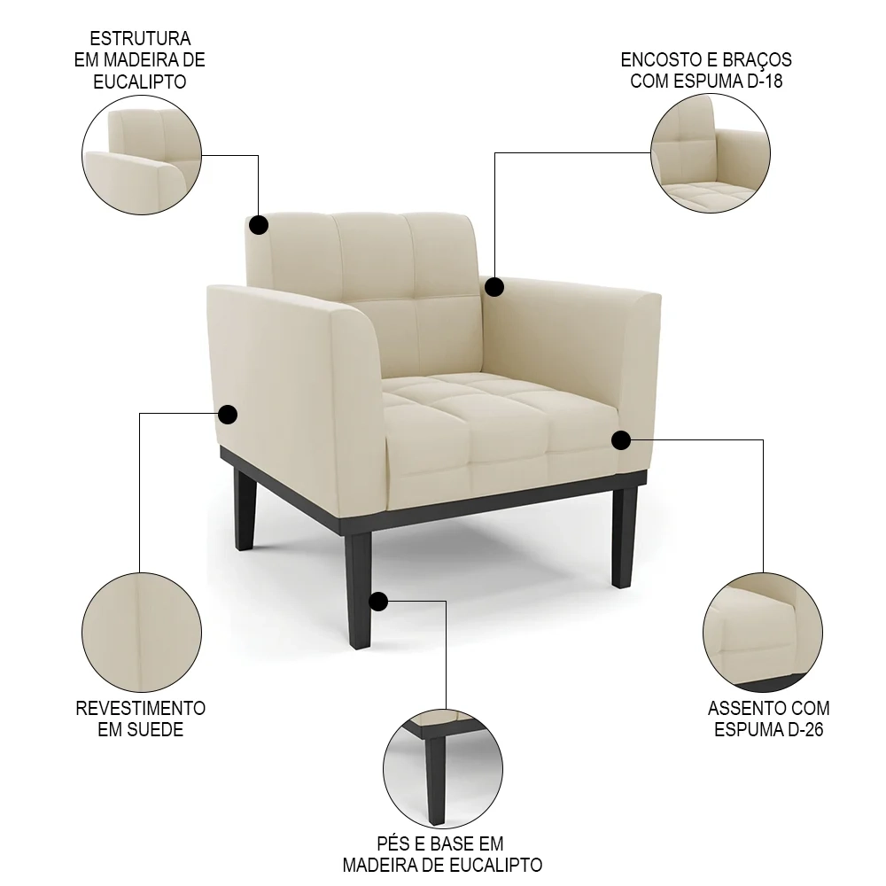 Poltrona Decorativa Base Madeira Preto Ana Suede Bege - Ibiza