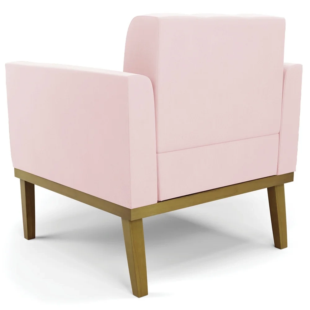 Poltrona Decorativa Base Madeira Castanho Ana Suede Rosa Bebê - Ibiza