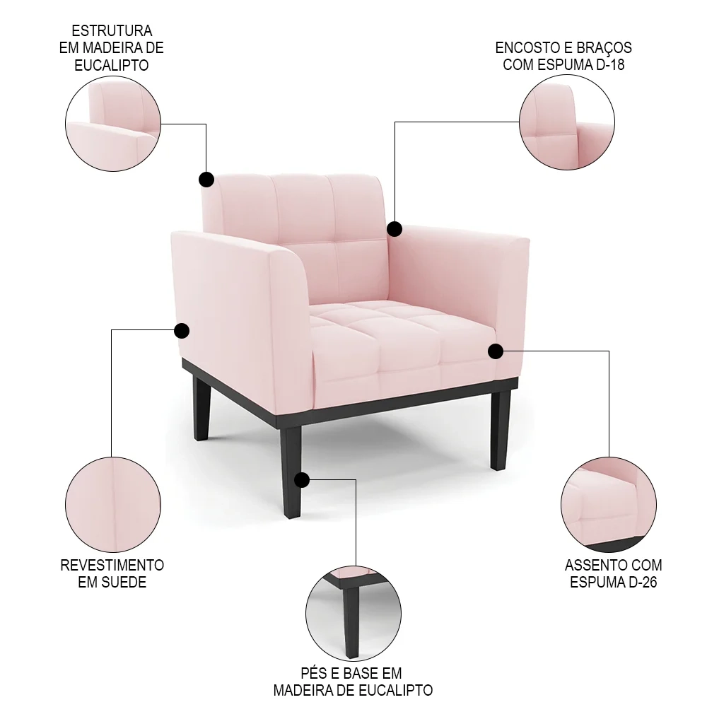 Poltrona Decorativa Base Madeira Preto Ana Suede Rosa Bebê - Ibiza