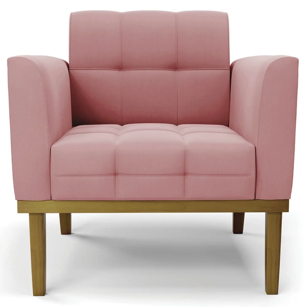 Poltrona Decorativa Base Madeira Castanho Ana Suede Rosê - Ibiza