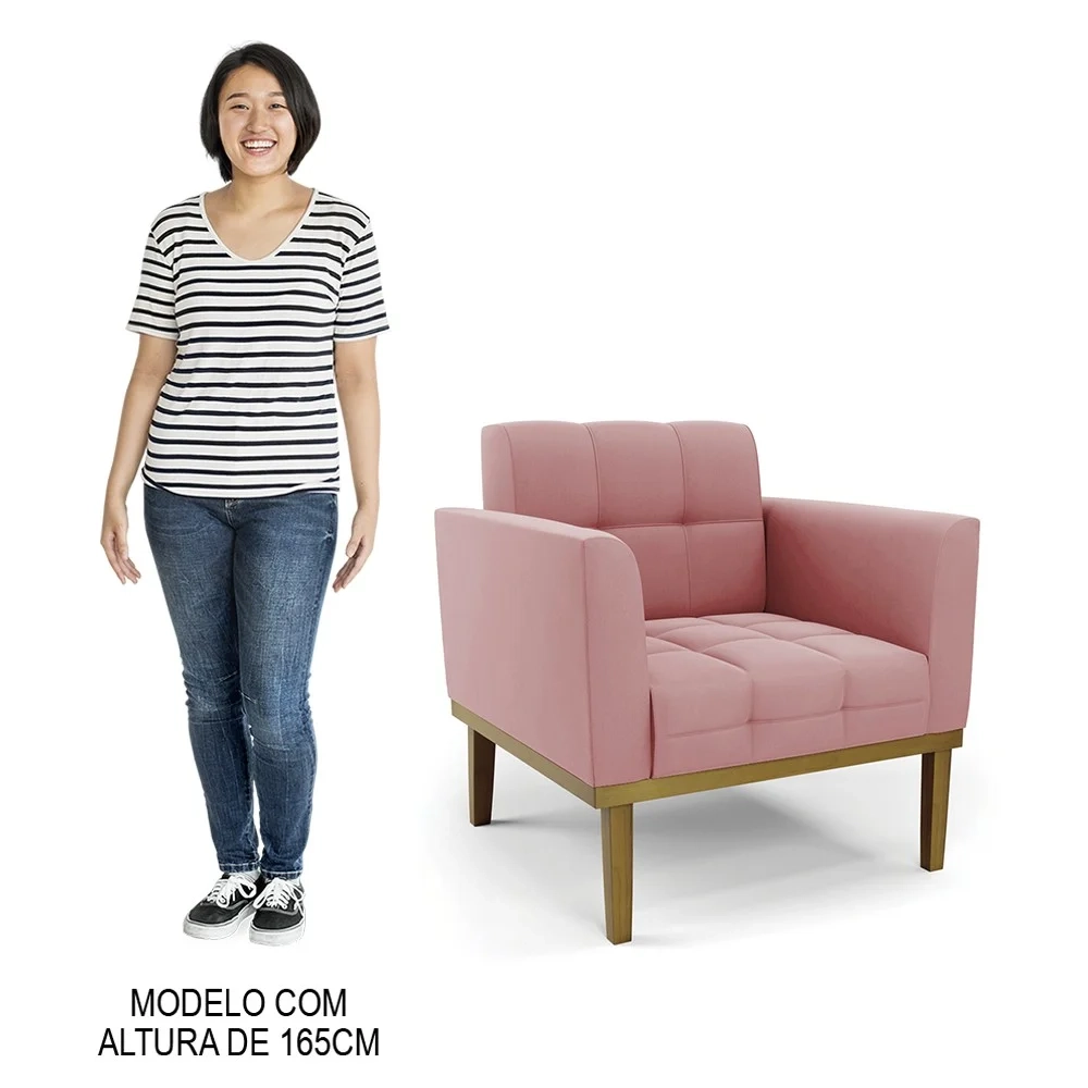 Poltrona Decorativa Base Madeira Castanho Ana Suede Rosê - Ibiza