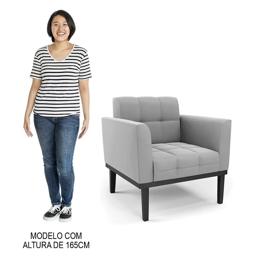 Poltrona Base Madeira Preto Kit 2 Ana Suede Cinza - Ibiza