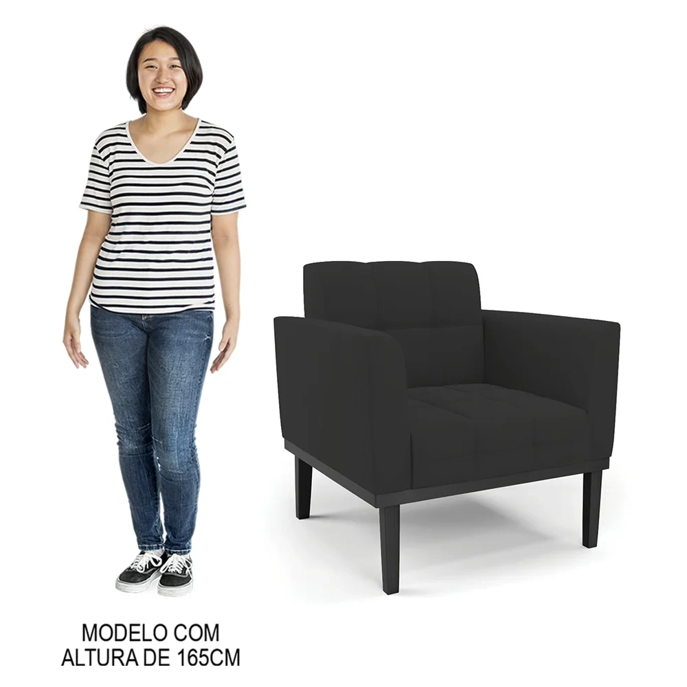 Poltrona Decorativa Base Madeira Preto Ana Veludo Preto- Ibiza