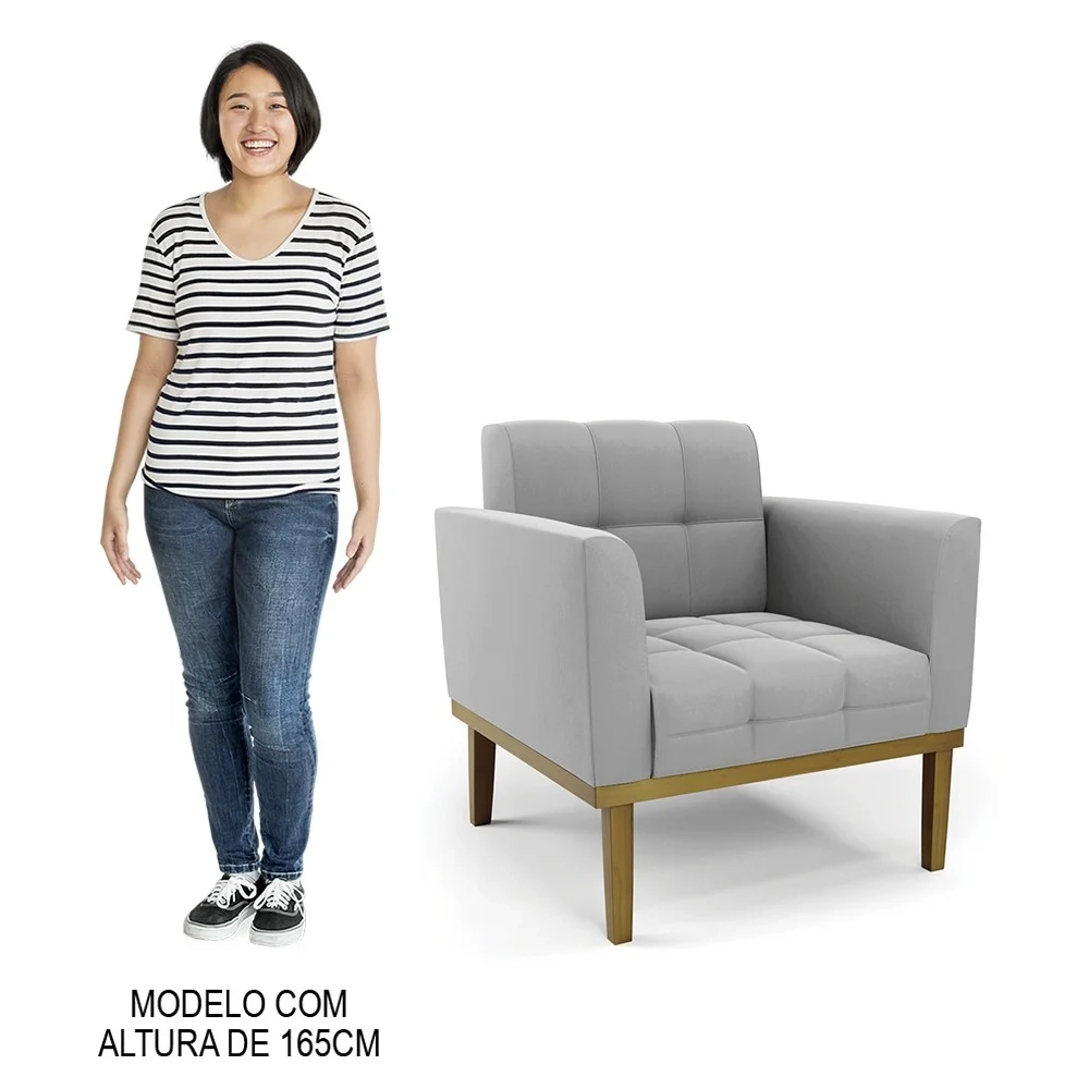 Poltrona Base Madeira Castanho Kit 2 Ana Suede Cinza - Ibiza