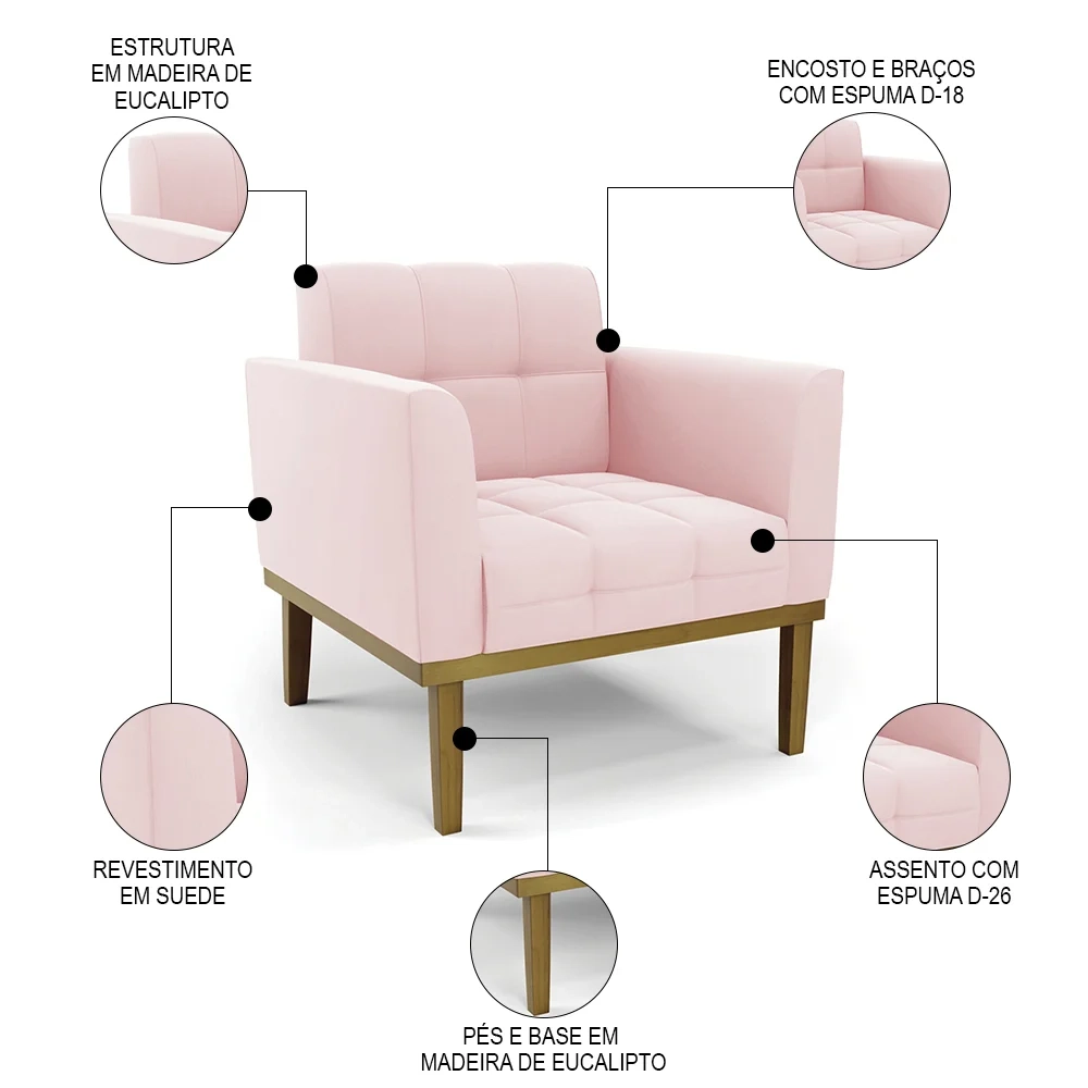 Poltrona Base Madeira Castanho Kit 2 Ana Suede Rosa Bebê - Ibiza