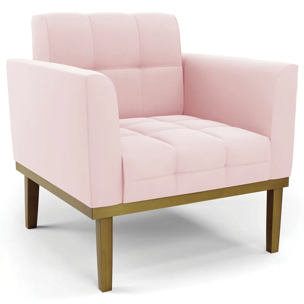 Poltrona Base Madeira Castanho Kit 2 Ana Suede Rosa Bebê - Ibiza