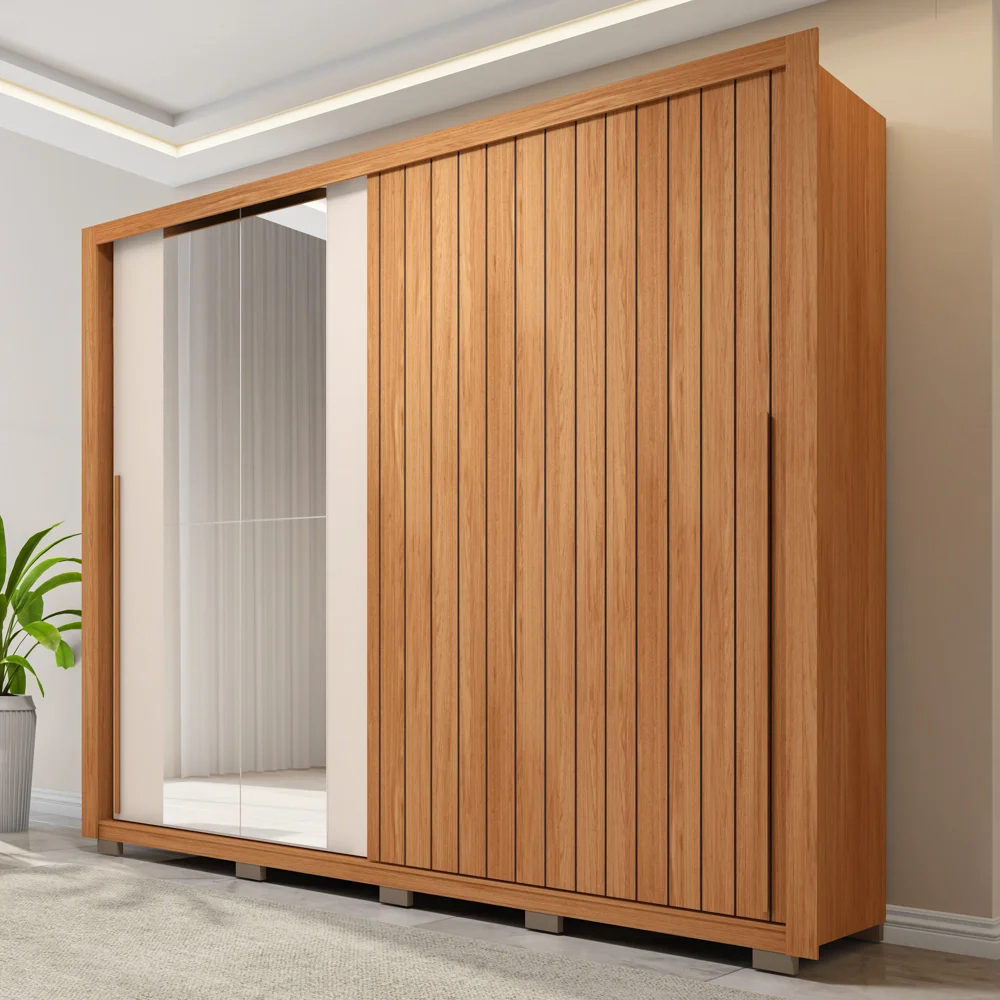 Guarda Roupa Casal 2 Portas de Correr com Espelho Moviment Freijó/Off White - Caemmun