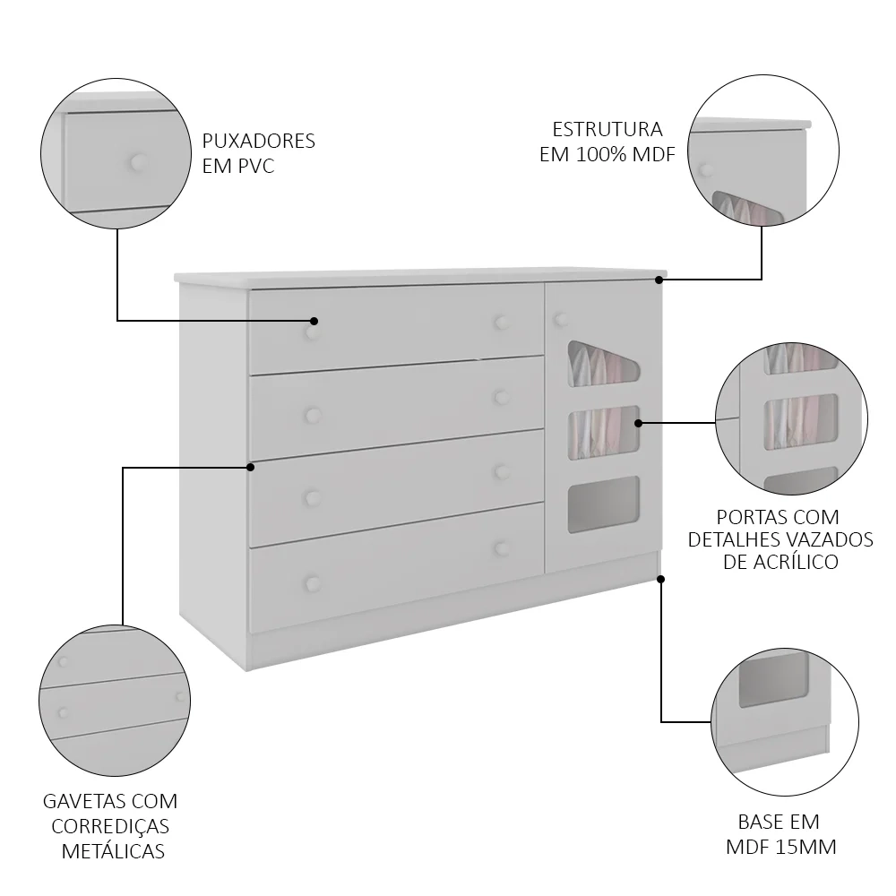 Cômoda Infantil Eloísa 04 Gavetas e 01 Porta Branco - Phoenix Baby