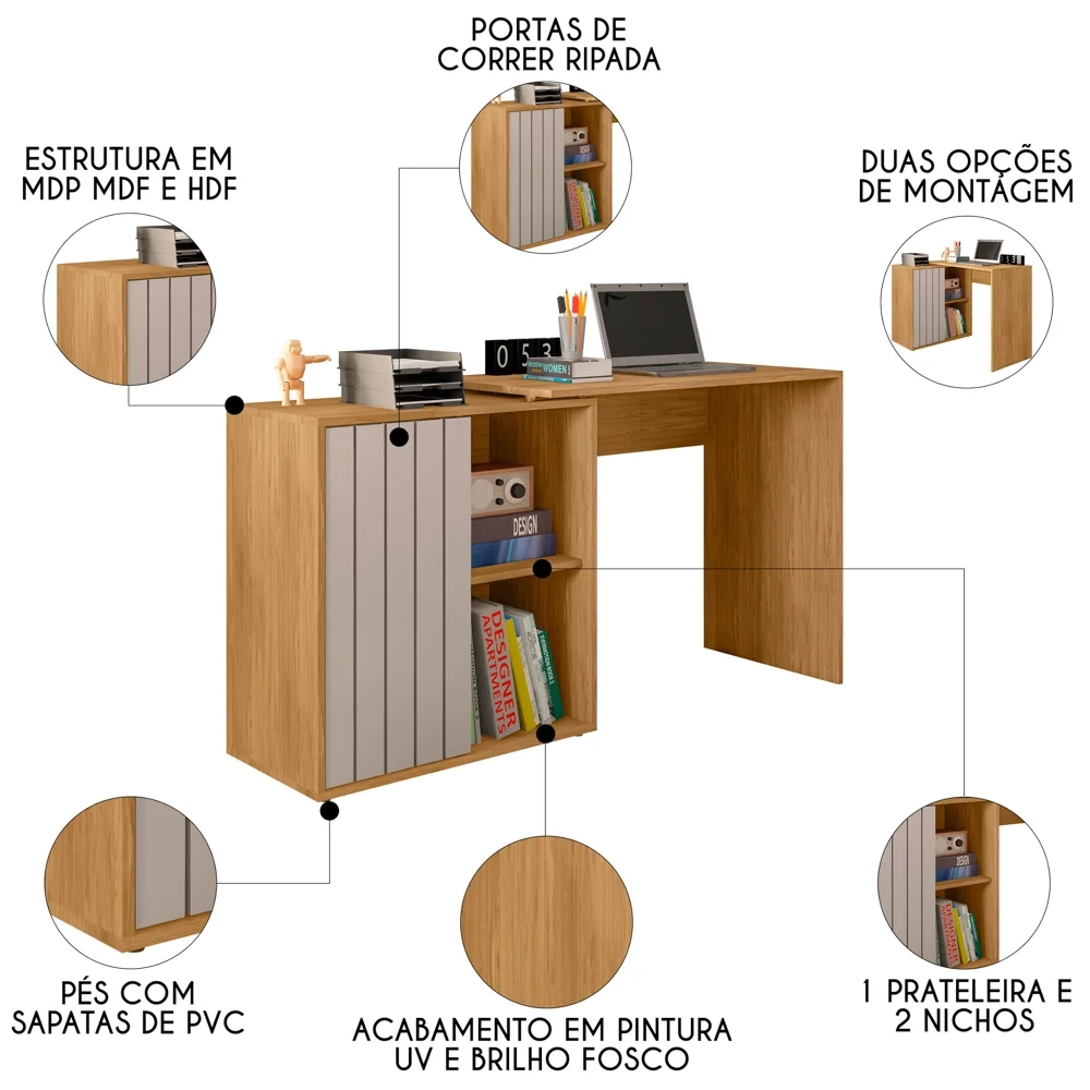 Mesa para Escritório Home Office 1 Porta Ripada Tech Mel/Cacao - Caemmun