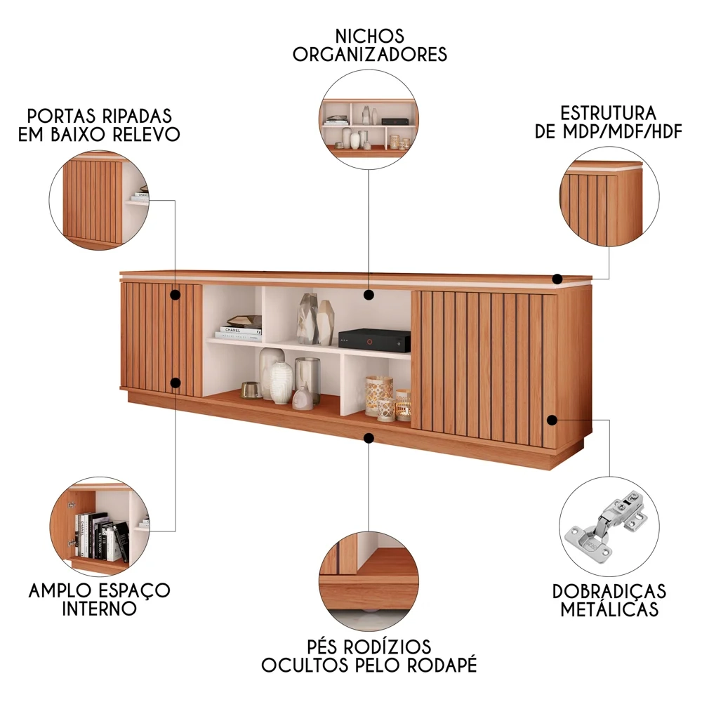 Rack Para Sala Bancada de TV 75 Pol 180cm Simetria Freijó/Off White - Caemmun