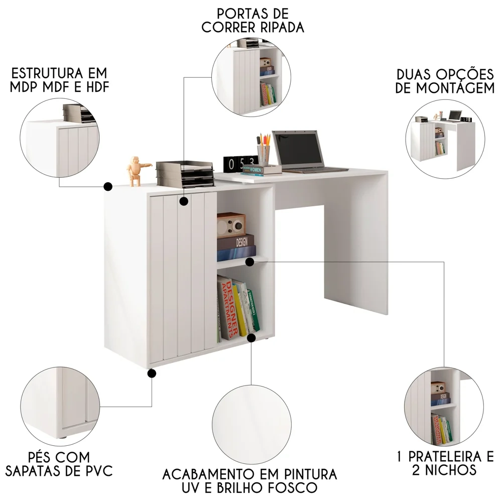 Mesa para Escritório Home Office 1 Porta Ripada Tech Branco Fosco - Caemmun