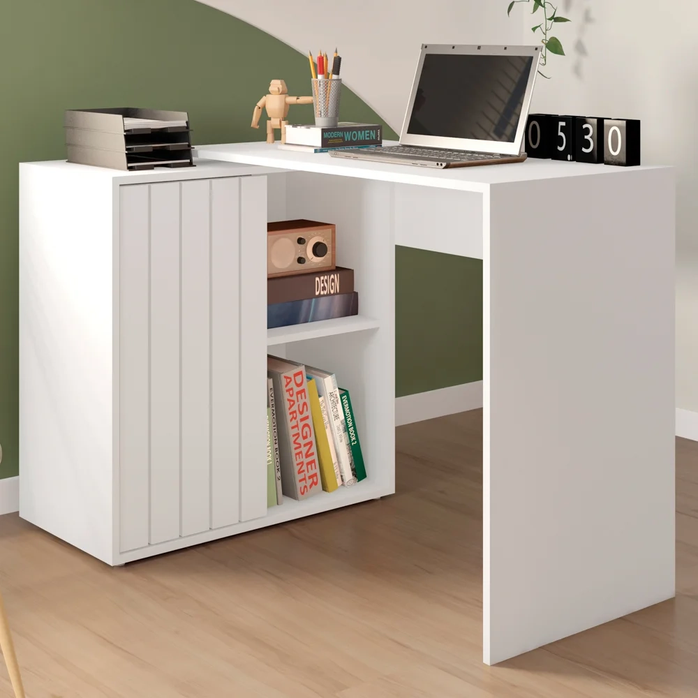 Mesa para Escritório Home Office 1 Porta Ripada Tech Branco Fosco - Caemmun