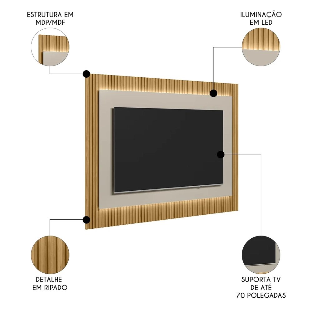 Painel Para TV Suspenso 70 Pol 220cm Real L06 Tauari/Off White Fosco - Mpozenato