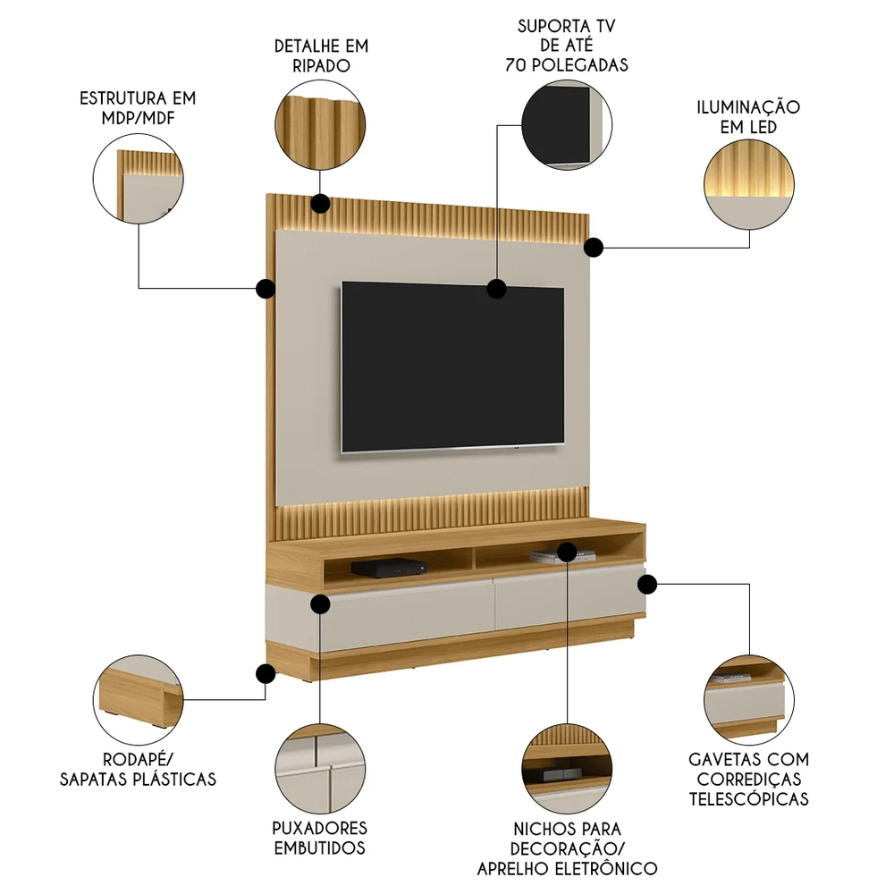 Painel Para TV 70 Pol e Rack Bancada 180cm Real L06 Tauari/Off White Fosco - Mpozenato