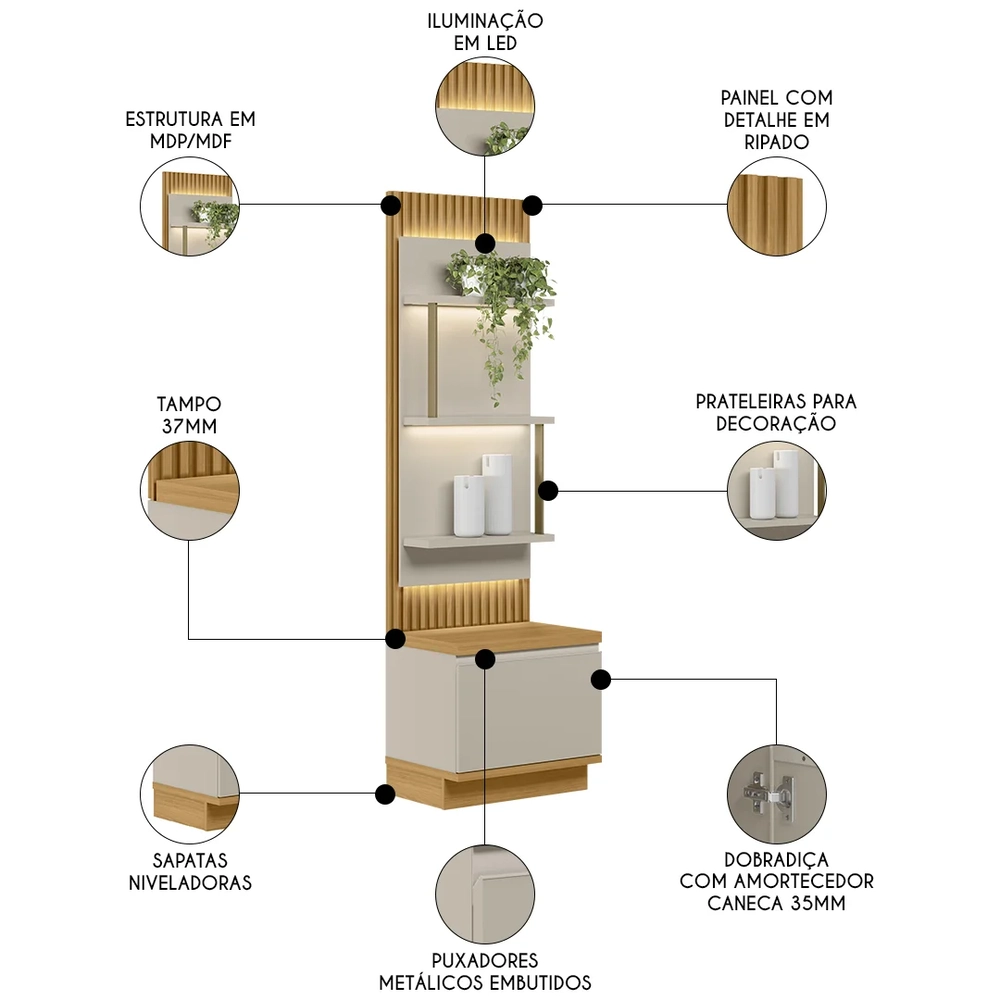 Painel Ripado com Mesa de Apoio 58cm Real L06 Tauari/Off White Fosco - Mpozenato