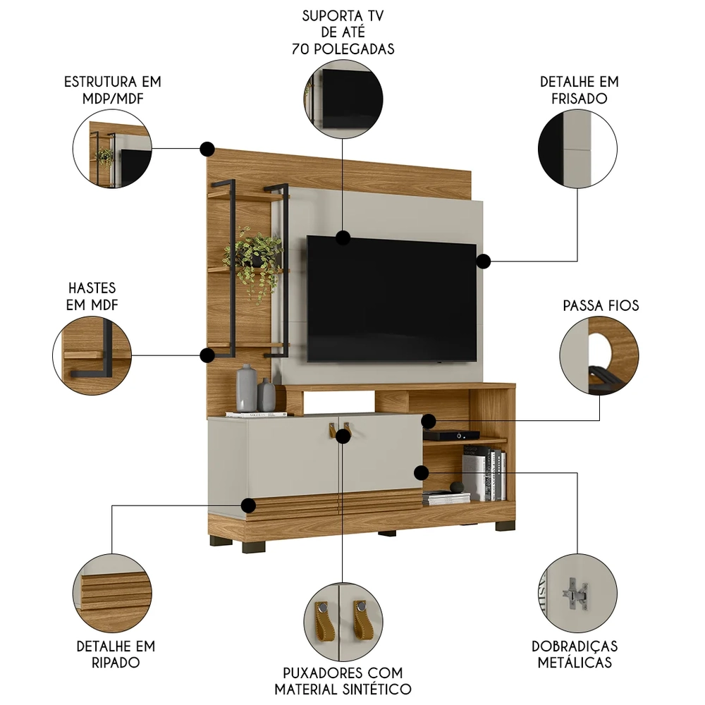 Estante Painel Para TV 50 Pol 160cm Pilar L06 Nature/Off White - Mpozenato