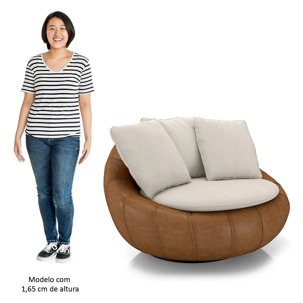 Poltrona para Sala Giratória Redonda Saphire Z32 Linho Bege/Caramelo - Mpozenato