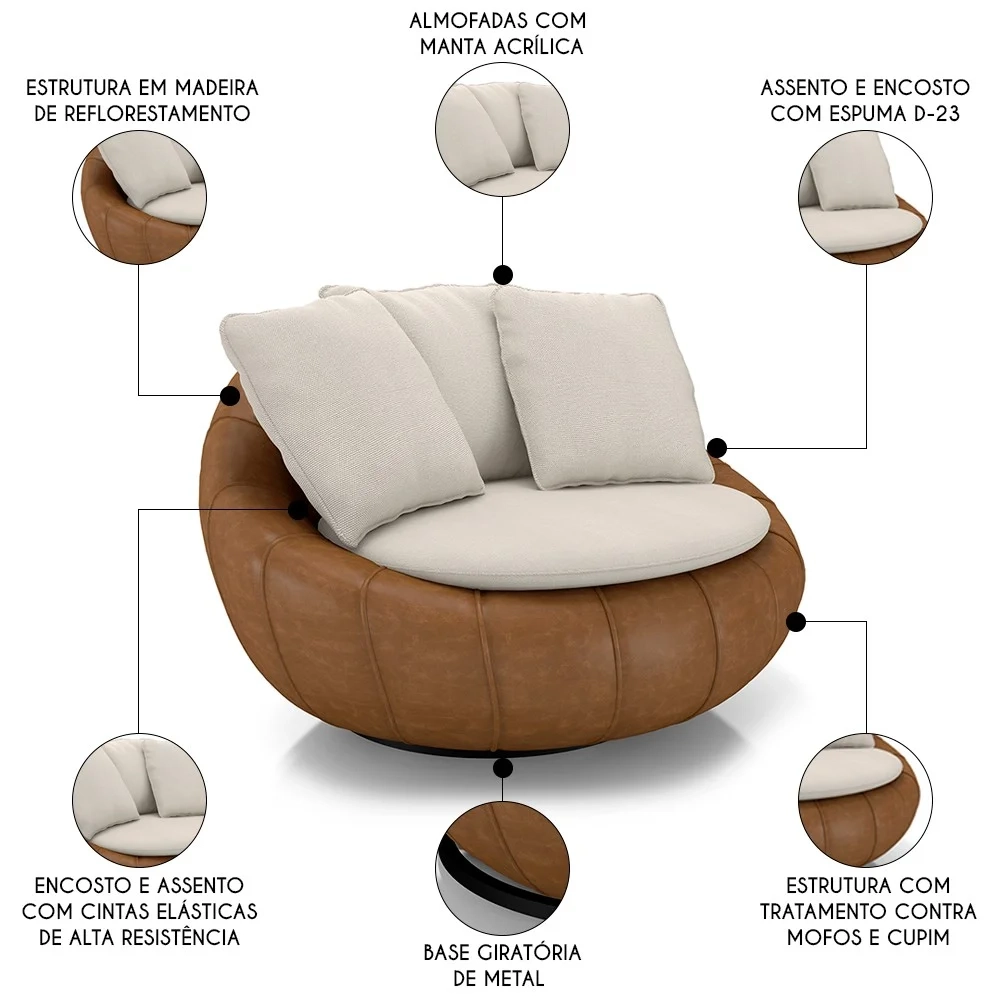 Poltrona para Sala Giratória Redonda Saphire Z32 Linho Bege/Caramelo - Mpozenato
