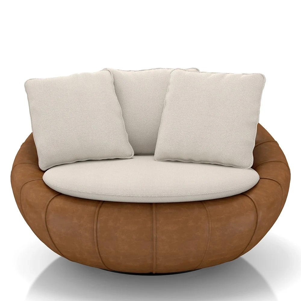 Poltrona para Sala Giratória Redonda Saphire Z32 Linho Bege/Caramelo - Mpozenato