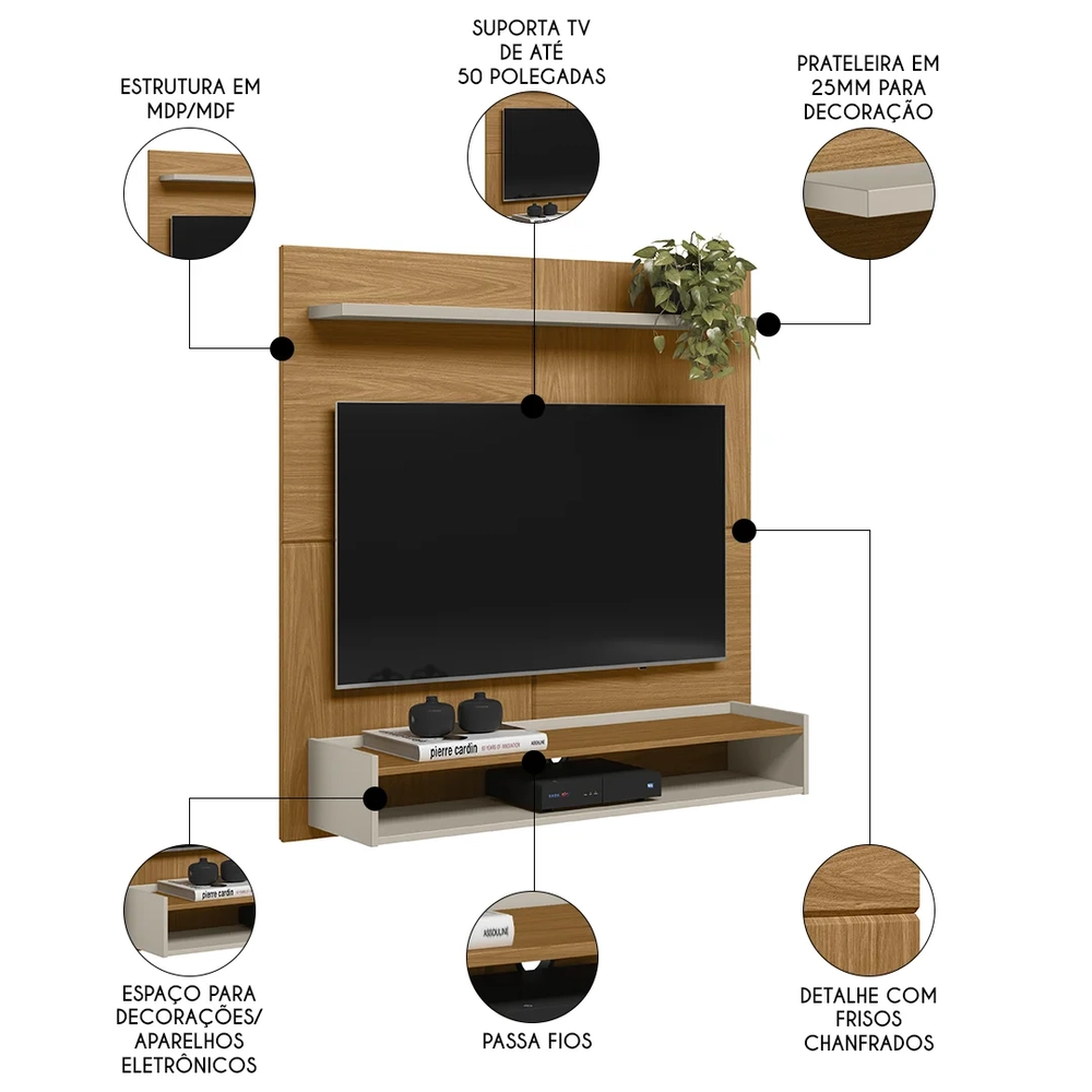 Painel Para TV 50 Pol Bancada Suspensa 120cm Perfect L06 Nature/Off White - Mpozenato