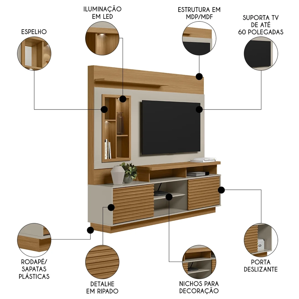 Estante Painel Para TV 60 Pol com LED 200cm Dora L06 Nature/Off White - Mpozenato 