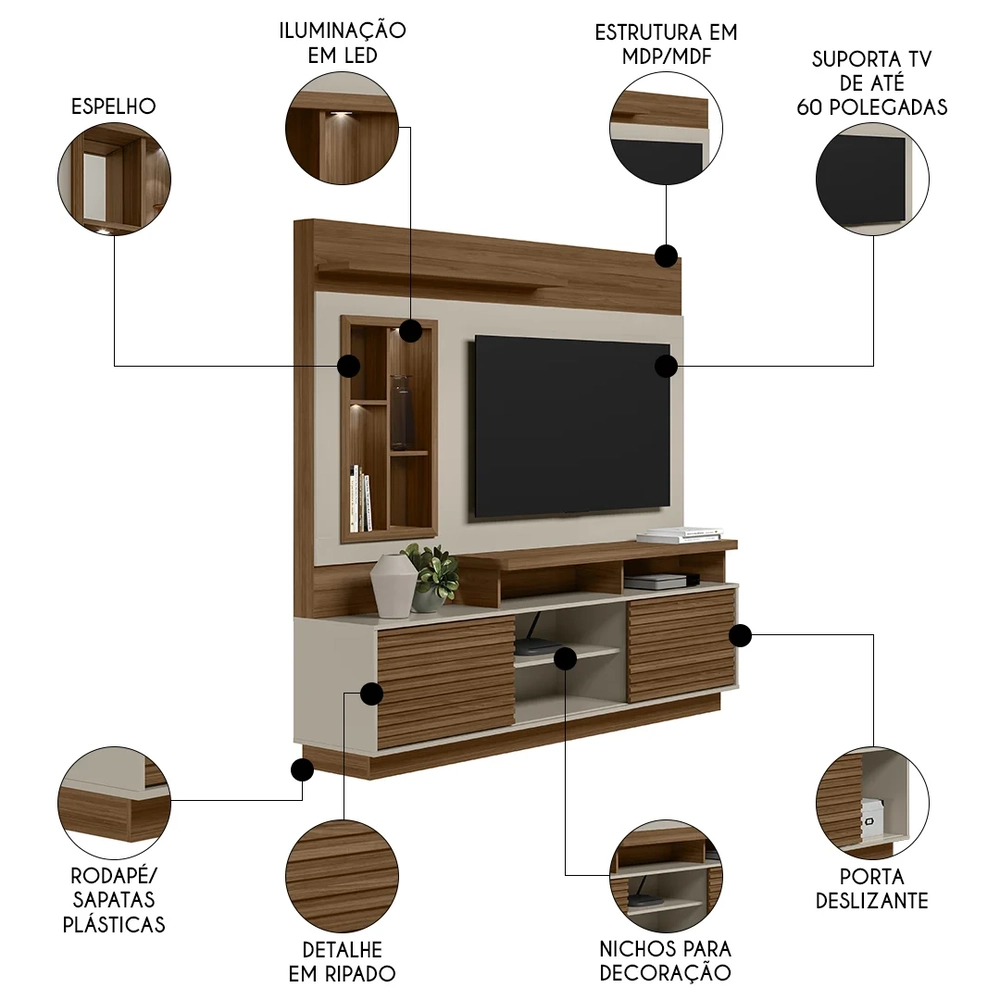 Estante Painel Para TV 60 Pol com LED 200cm Dora L06 Jatobá/Off White - Mpozenato 