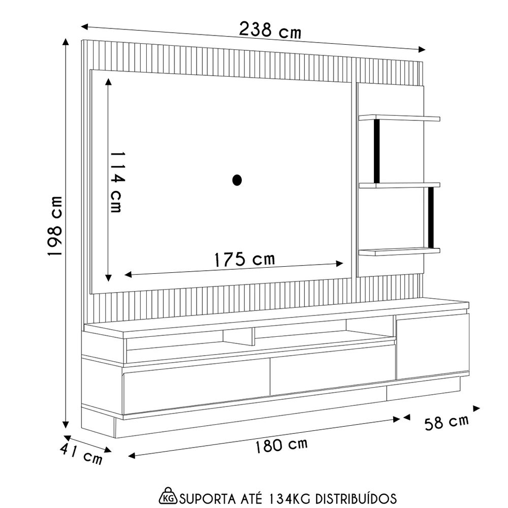 Painel Para TV 70 Pol com Rack Bancada 238cm Real L06 Tauari/Off White - Mpozenato