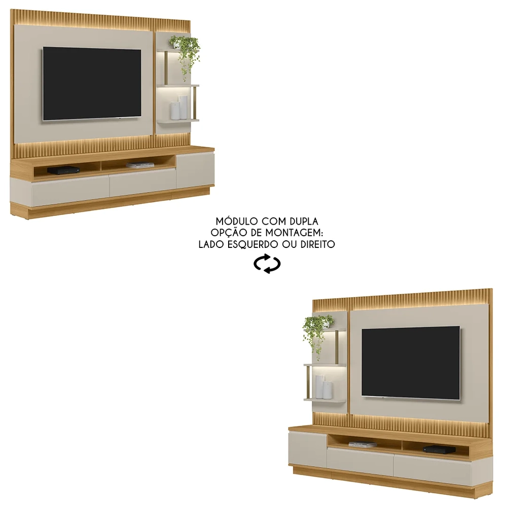 Painel Para TV 70 Pol com Rack Bancada 238cm Real L06 Tauari/Off White - Mpozenato