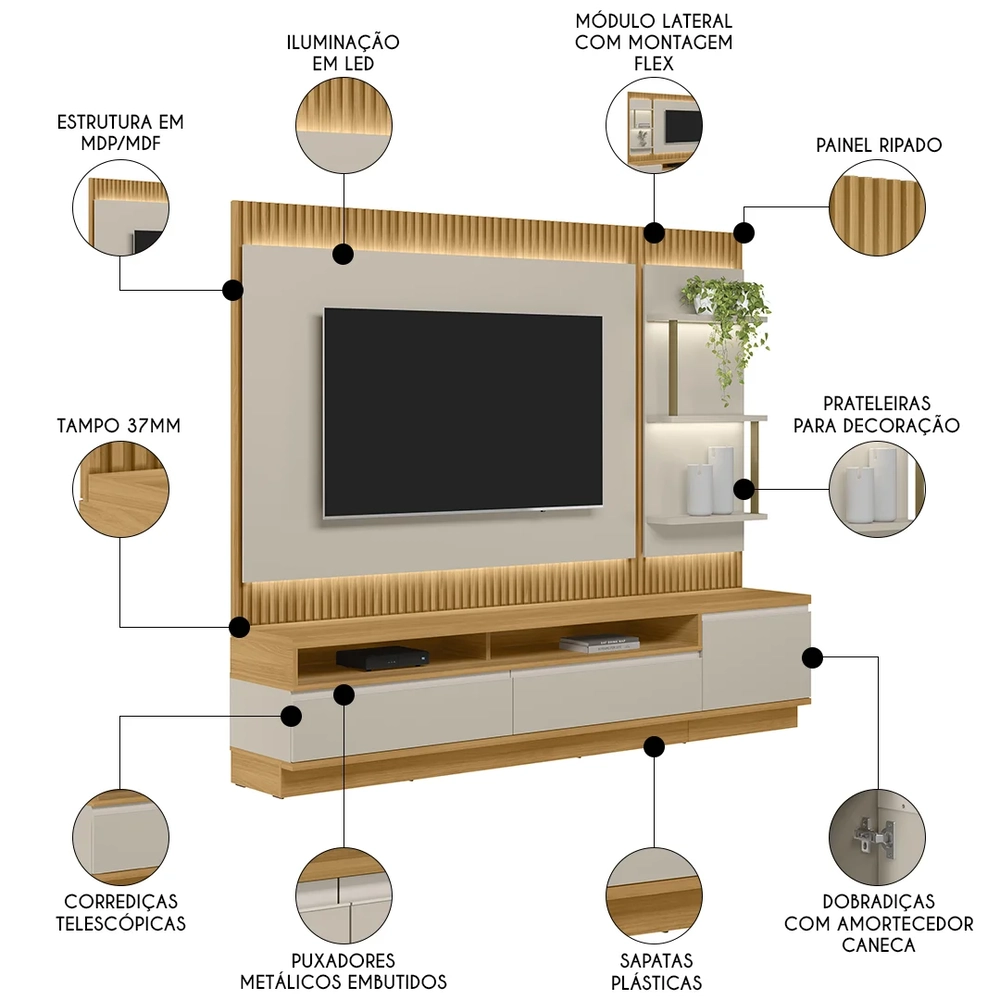 Painel Para TV 70 Pol com Rack Bancada 238cm Real L06 Tauari/Off White - Mpozenato