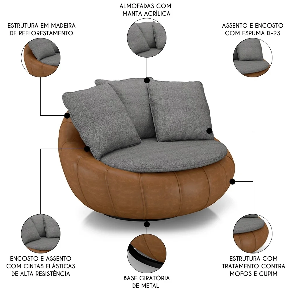 Poltrona para Sala Giratória Redonda Saphire Z32 Linho Cinza/Caramelo - Mpozenato