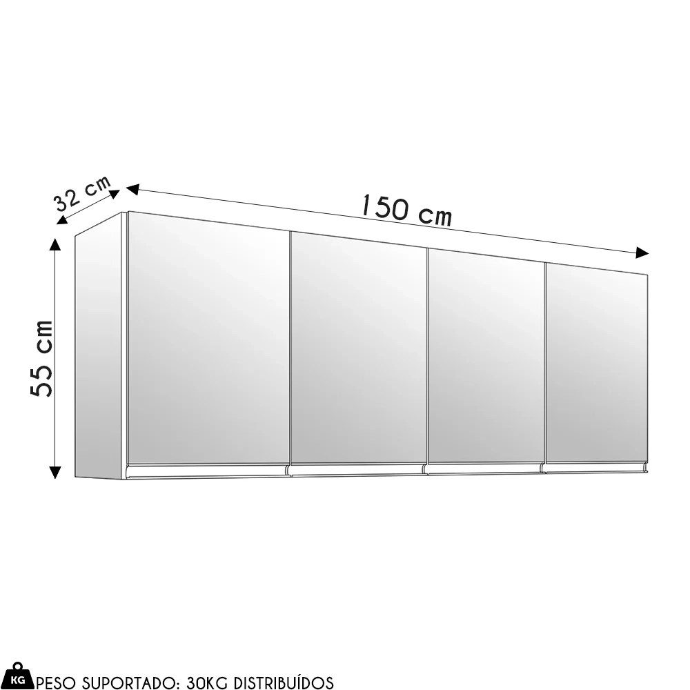 Armário de Cozinha Aéreo 150cm 4 Portas Andréia Amêndoa/Preto - AJL Móveis