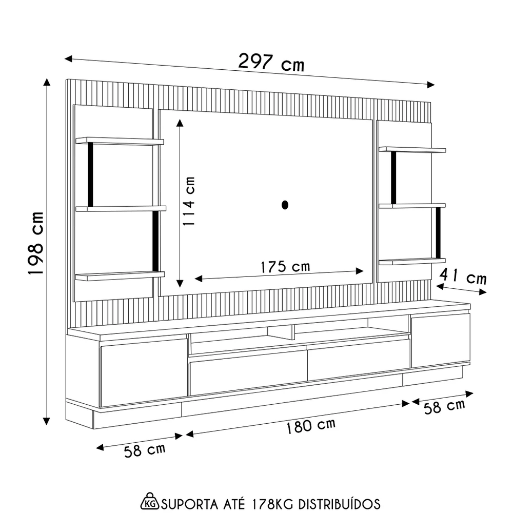 Painel Para TV 70 Pol com Rack Bancada 297cm Real L06 Tauari/Off White - Mpozenato
