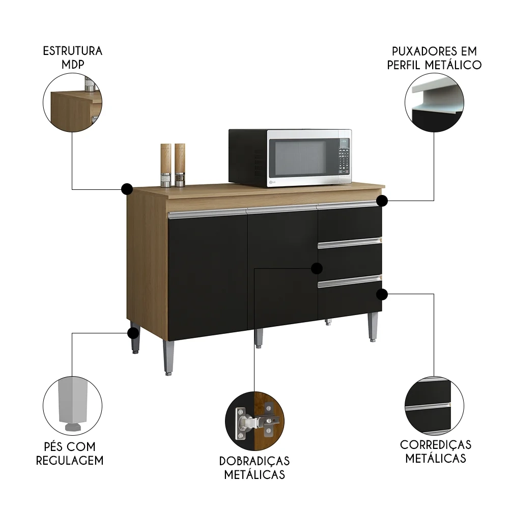 Balcão de Cozinha Com Tampo 100cm 3 Gavetas Andréia Amêndoa/Preto - AJL Móveis