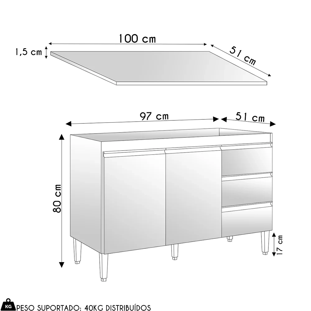 Balcão de Cozinha Com Tampo 100cm 3 Gavetas Andréia Amêndoa/Preto - AJL Móveis