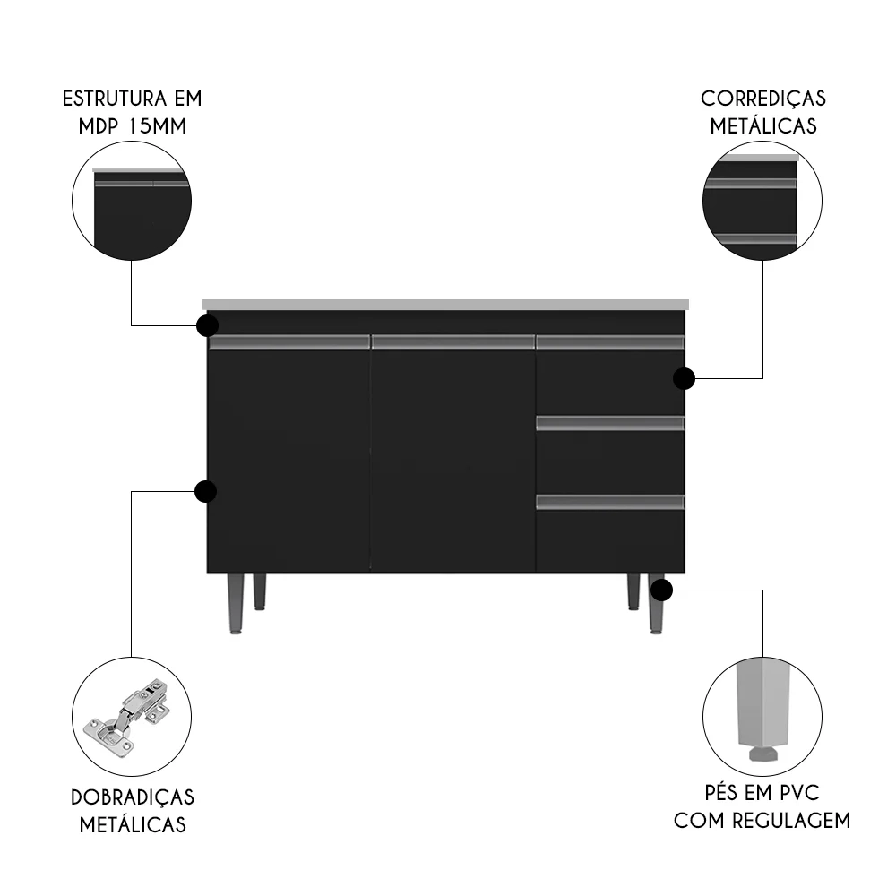 Balcão de Cozinha Com Pia Inox 100cm 3 Gavetas Andréia Preto - AJL Móveis