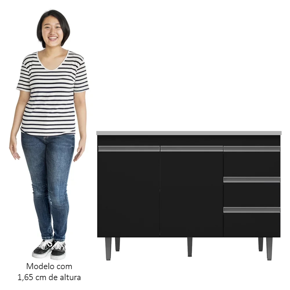 Balcão de Cozinha Com Pia Inox 100cm 3 Gavetas Andréia Preto - AJL Móveis