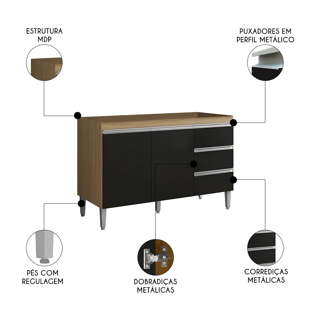 Balcão de Cozinha Para Pia 120cm 3 Gavetas Andréia Amêndoa/Preto - AJL Móveis