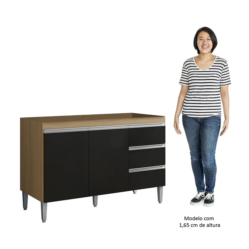 Balcão de Cozinha Para Pia 120cm 3 Gavetas Andréia Amêndoa/Preto - AJL Móveis
