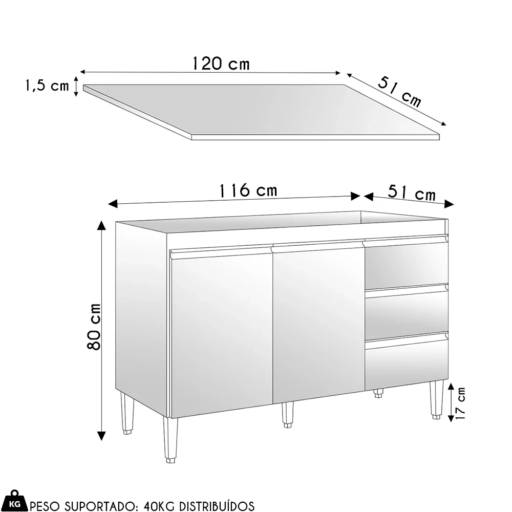 Balcão de Cozinha Com Tampo 120cm 3 Gavetas Andréia Amêndoa/Preto - AJL Móveis