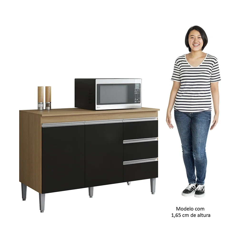 Balcão de Cozinha Com Tampo 120cm 3 Gavetas Andréia Amêndoa/Preto - AJL Móveis