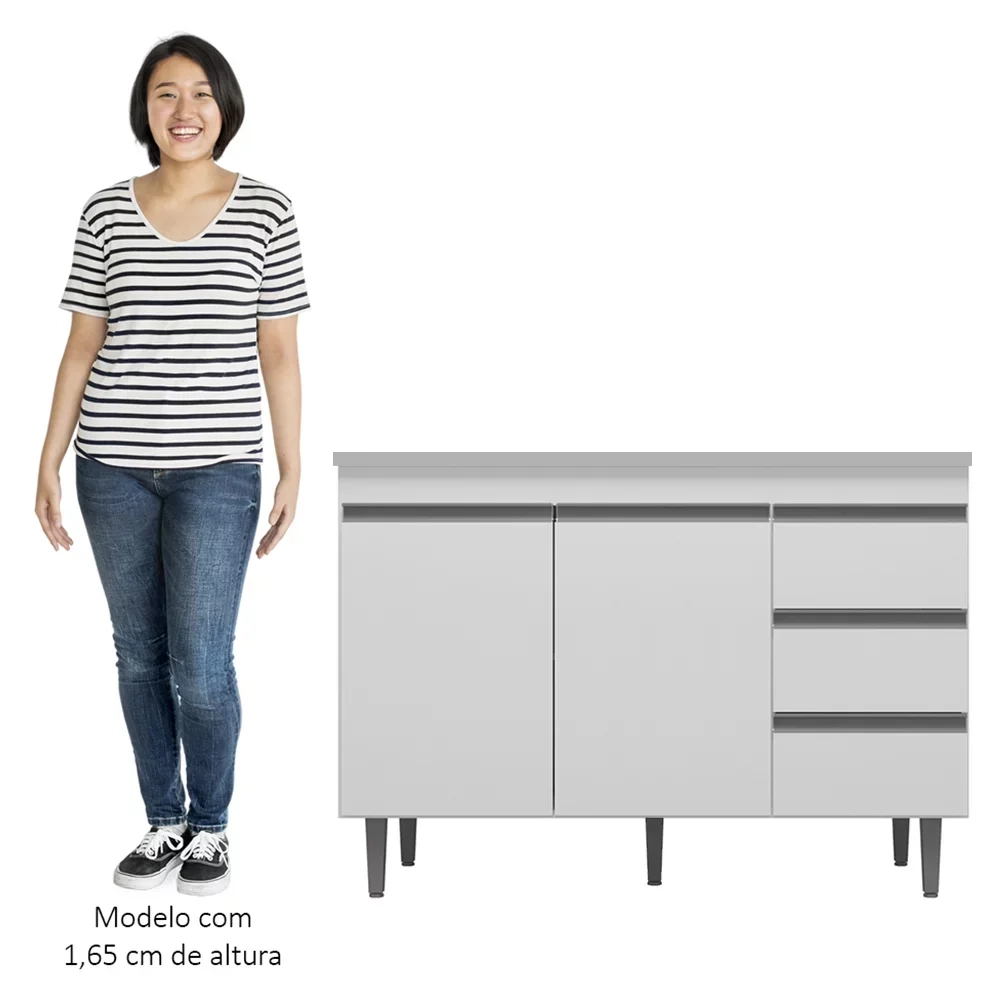 Balcão de Cozinha Com Pia Inox 100cm 3 Gavetas Andréia Branco - AJL Móveis