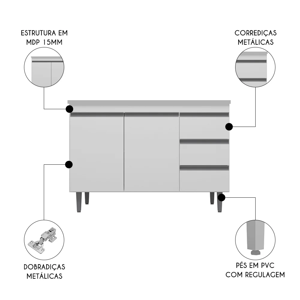 Balcão de Cozinha Com Pia Inox 100cm 3 Gavetas Andréia Branco - AJL Móveis