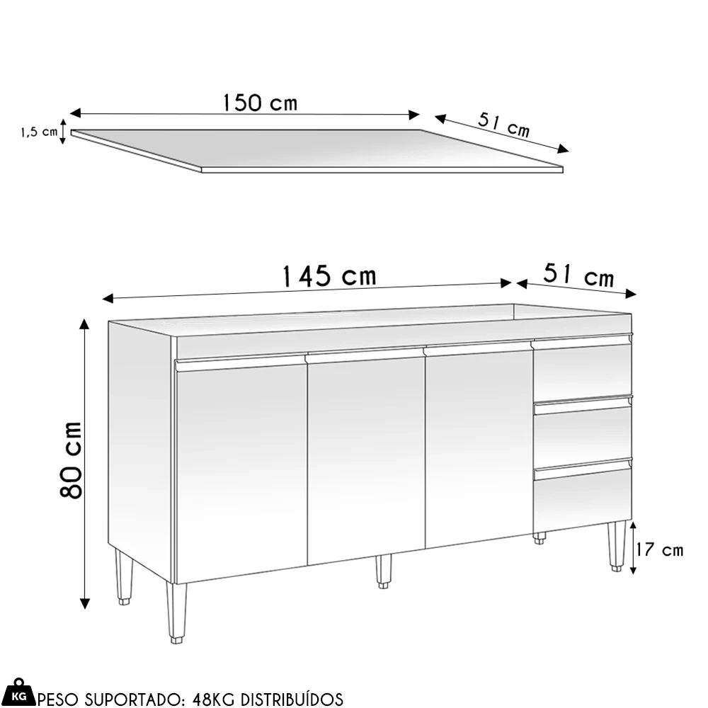 Balcão de Cozinha Com Tampo 150cm 3 Gavetas Andréia Amêndoa/Preto - AJL Móveis