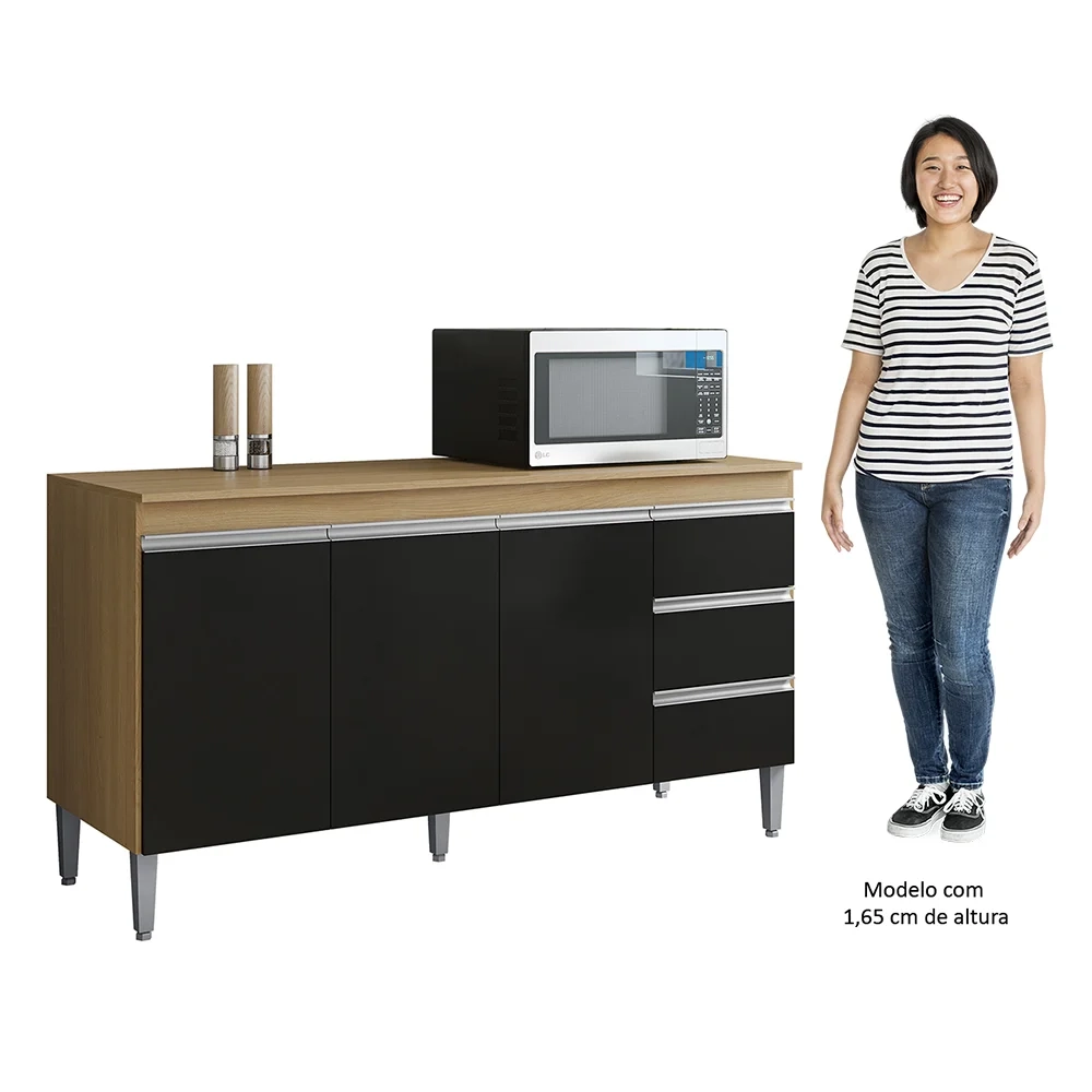 Balcão de Cozinha Com Tampo 150cm 3 Gavetas Andréia Amêndoa/Preto - AJL Móveis