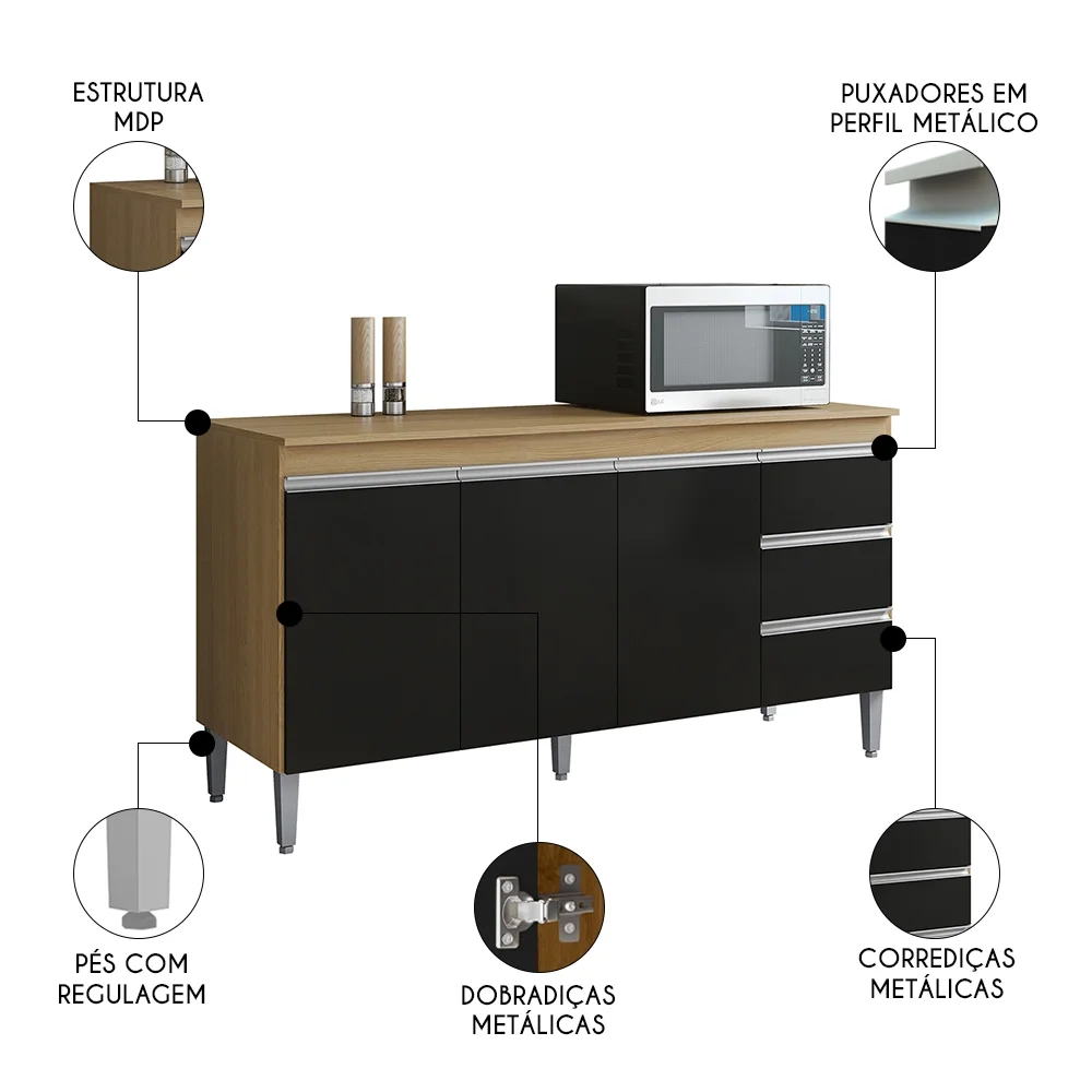 Balcão de Cozinha Com Tampo 150cm 3 Gavetas Andréia Amêndoa/Preto - AJL Móveis