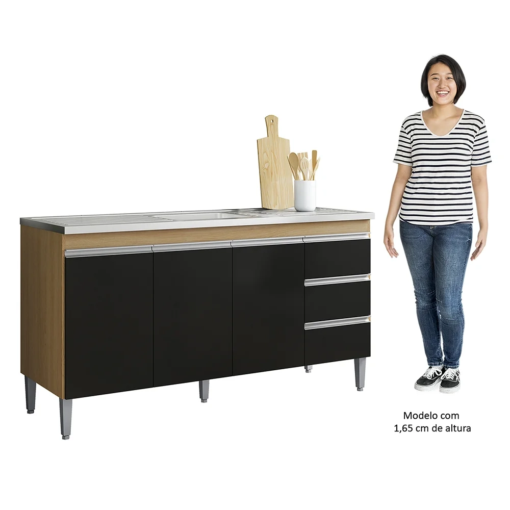 Balcão de Cozinha Com Pia Inox 150cm 3 Gavetas Andréia Amêndoa/Preto - AJL Móveis