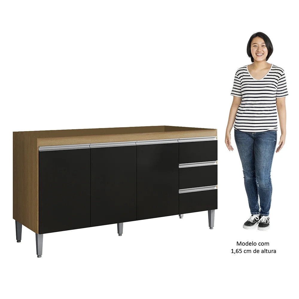 Balcão de Cozinha Para Pia 160cm 3 Gavetas Andréia Amêndoa/Preto - AJL Móveis