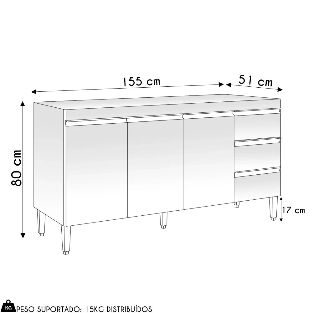 Balcão de Cozinha Para Pia 160cm 3 Gavetas Andréia Amêndoa/Preto - AJL Móveis